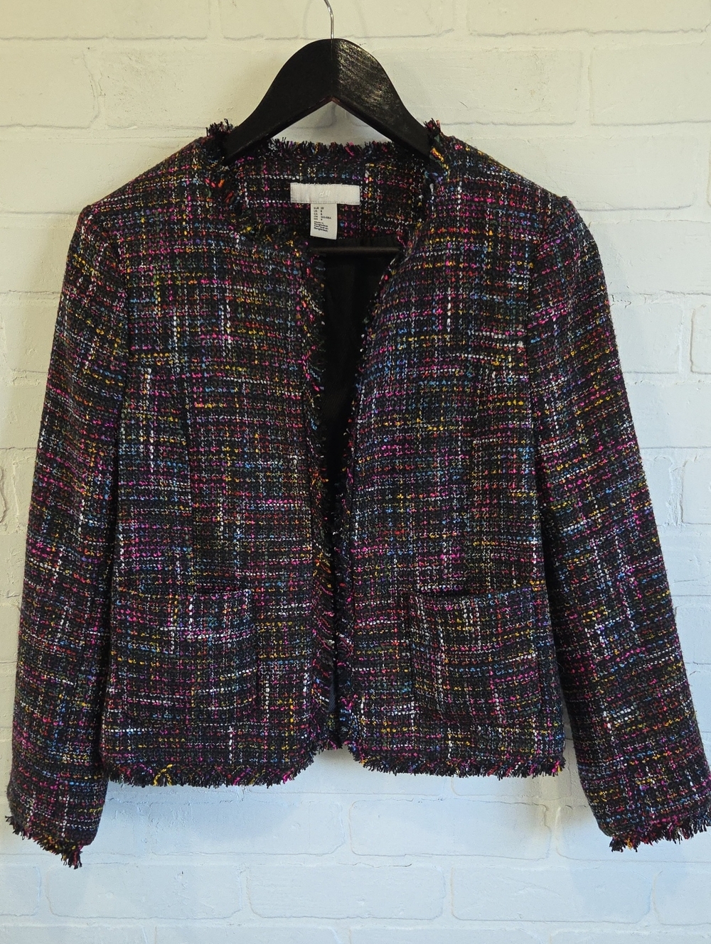 H&M Black Multi Tweed Fringe Open Jacket